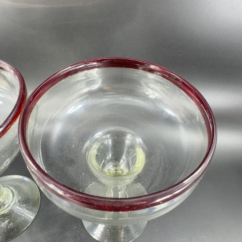 Hand Blown Clear Margarita Drinking Glasses Set 2 With Red Edges Hand Made Glass